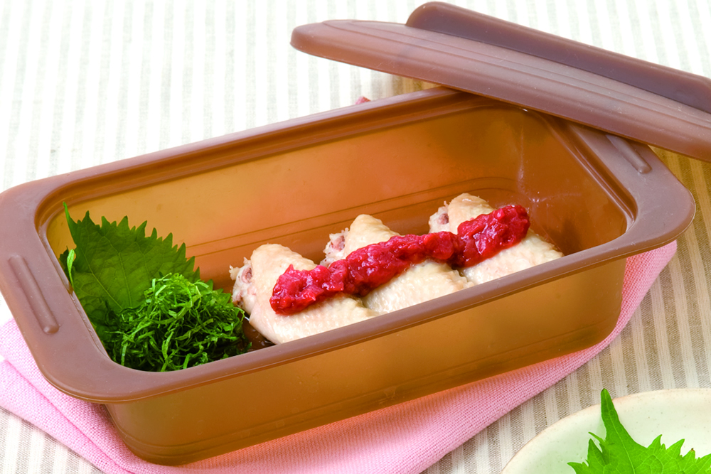 シリコンスチーマーで作る蒸しささみの梅しそ乗せ